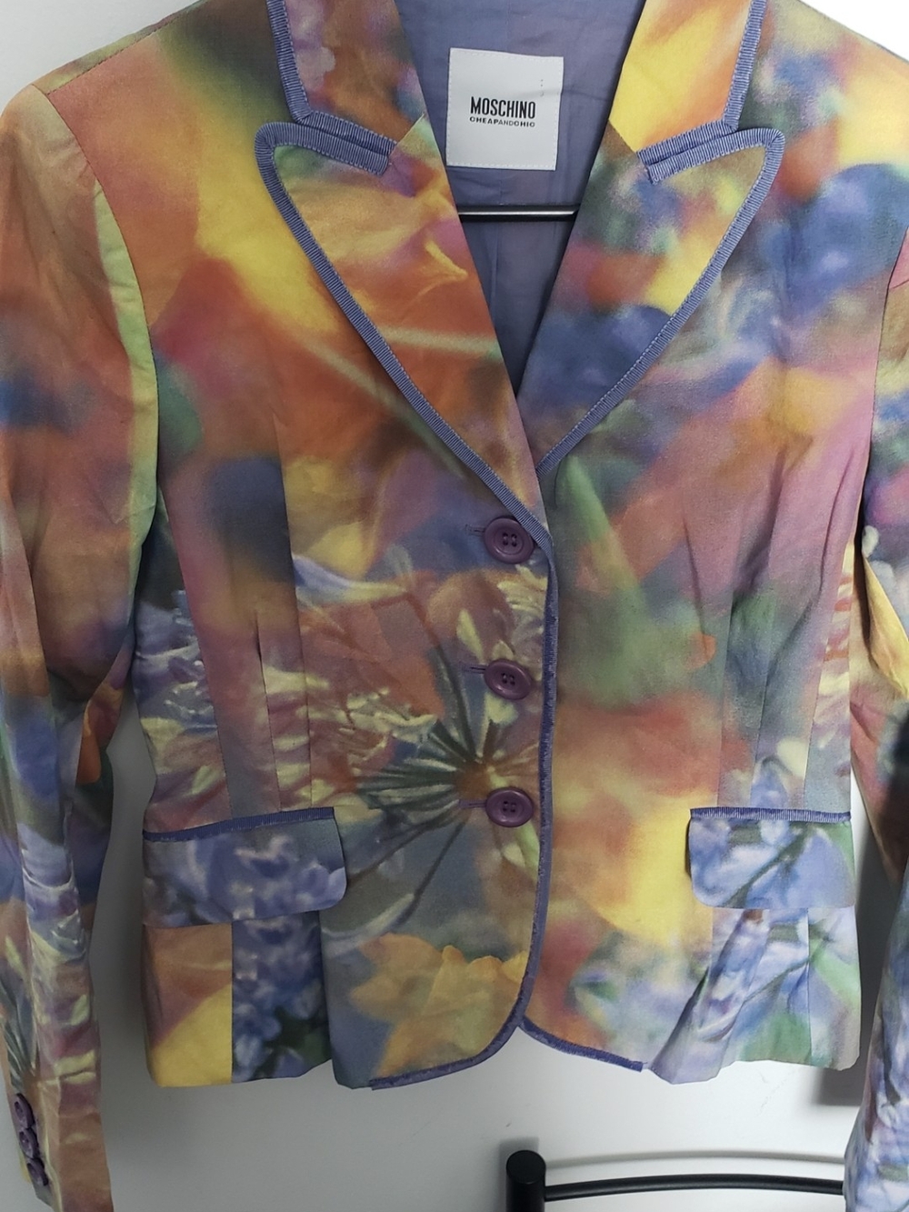 Moschino Multicolor Floral Satin Blazer with Purple Trim
